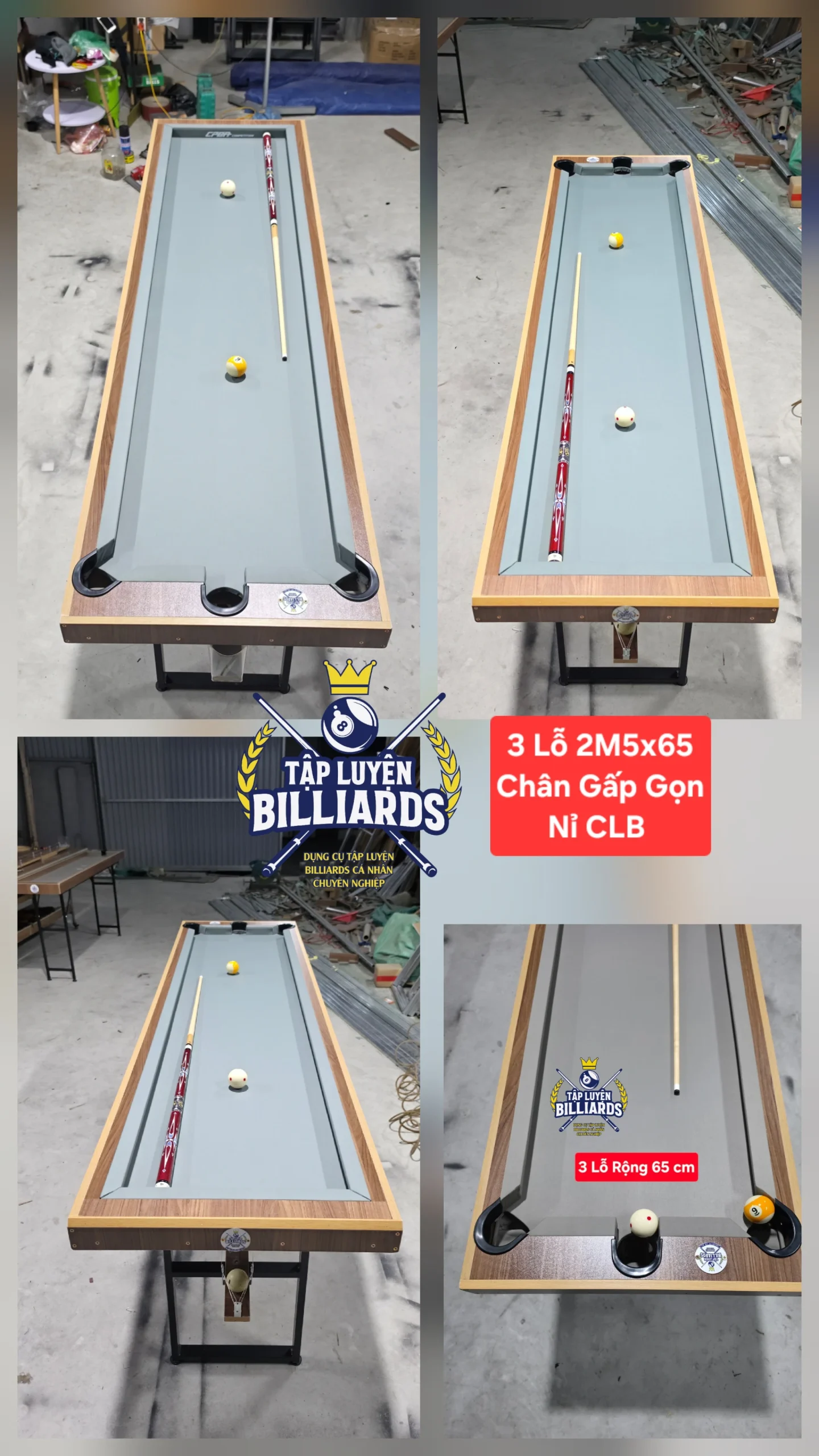 MẪU MỚI – Bàn tập Billiards 3 lỗ Tại nhà Chân Gấp gọn dài 2M5, rộng 65cm [ Chiều dài lọt lòng kém lọt lòng bàn CLB 30 cm ] – Bàn tập bida 3 lỗ – Bàn tập bida tại nhà, phù hợp không gian gia đình của Tập Luyện Billiards